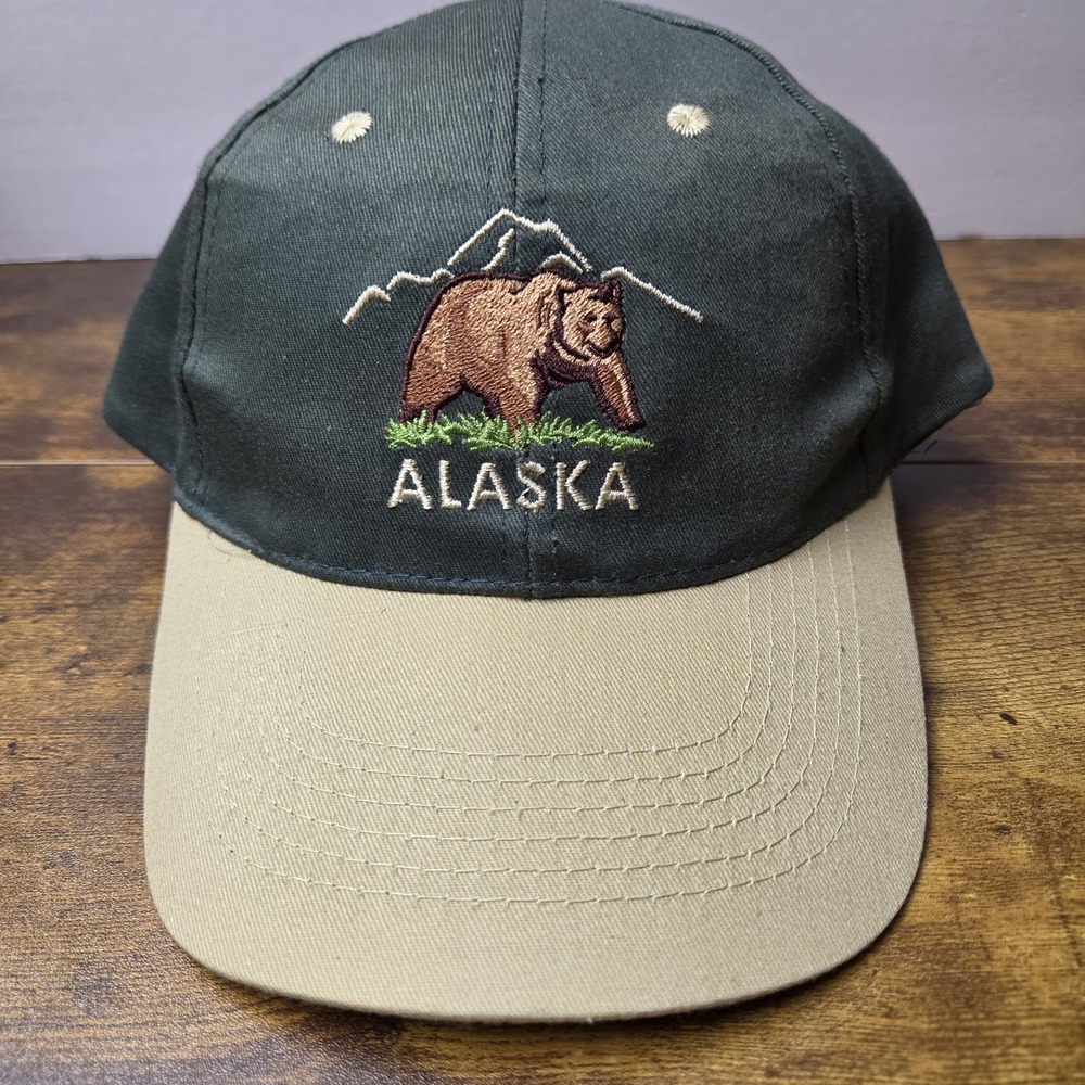 Vintage Alaska Grizzly Bear Mountain Embroidered Snapback Hat Forest Green Tan